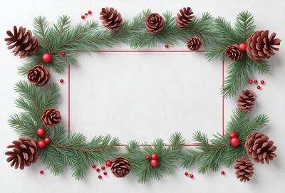The primary subject of the image is a decorative wreath made of pinecones and berries. The wreath is placed on a white surface, which serves as the background. The visual style of the image is a combination of photo and digital art, creating a realistic yet artistic representation of the wreath. The colors and mood of the image are predominantly green and red, with the green pinecones and red berries creating a warm and festive atmosphere.